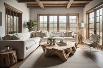 Fototapeta na wymiar Live edge wooden coffee table near corner sofa. Interior design of modern living room in farmhouse 