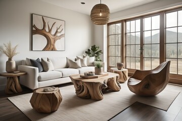 Live edge wooden coffee table near corner sofa. Interior design of modern living room in farmhouse 
