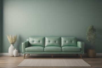  Light green leather sofa against wall with copy space. Mid-century, retro, vintage style home interior design of modern living room