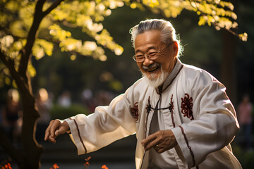 Obraz premium Practicing Tai Chi in serene environments at park.