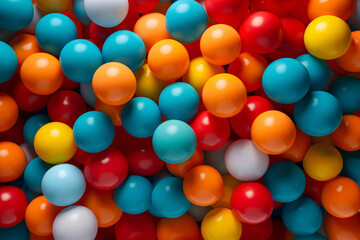 Multicolored plastic balls in ball pool at kids playground. Colorful plastic ball texture background. Many small colorful plastic soft kids balls are in a ball pit. Play toy for kids.