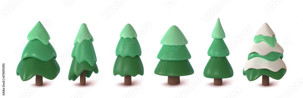 Poster collection abstract fir-trees isolated on white background. 3d christmas trees, pine rendering vecto