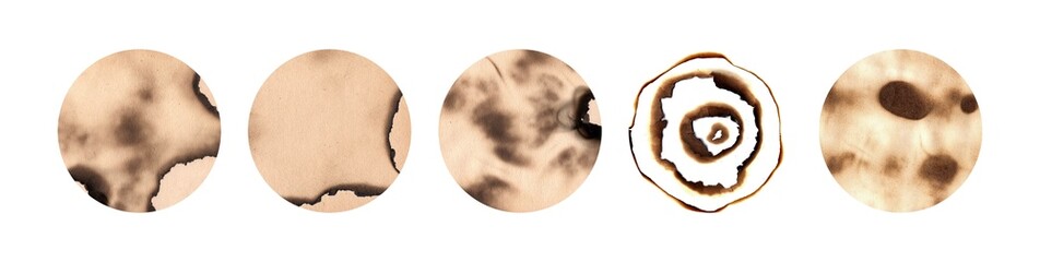 burnt paper texture stain for template. Circle spots isolated on white background. Vintage parchment in round frame