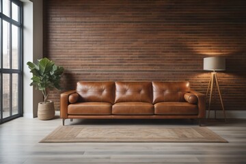 Brown leather sofa against tiled mosaic wall. Loft interior design of modern living room - obrazy, fototapety, plakaty