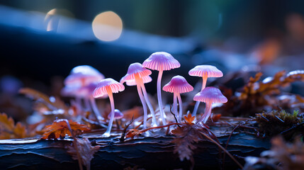 A striking photograph of Mycena mushrooms emitting an eerie bioluminescent glow in the darkness of a dense forest.