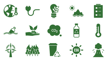 Icon collection with zero emissions esg symbol concept. greenhouse gas carbon credit design set. protect ecological green vector glyph. carbon net zero neutral natural. carbon footprint art pictogram