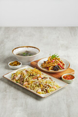 traditional chinese set seafood fried egg rice with dumpling dim sum tofu and soup snack vegetable in plate on grey vintage background cafe hotel luxury halal food restaurant banquet menu