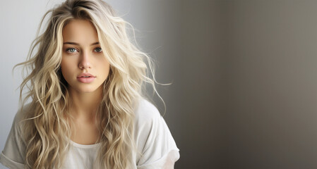 Portrait of young women with disheveled long blonde hair in white t-shirt at gray background - obrazy, fototapety, plakaty