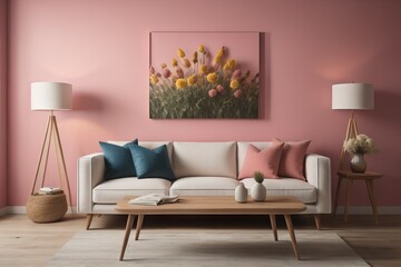 Fototapeta premium Field flowers in vase near wooden coffee table against pink wall background