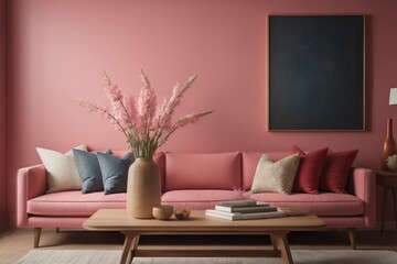 Field flowers in vase near wooden coffee table against pink wall background