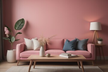 Field flowers in vase near wooden coffee table against pink wall background