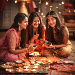 Indian females group celebrating diwali festival.