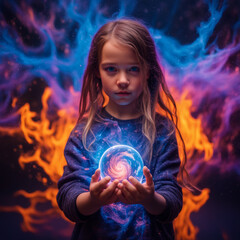 Beautiful little girl holding the universe of Fire and Water 