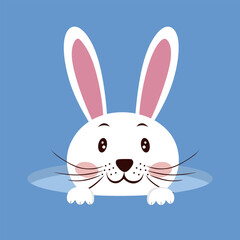 White Easter bunny. Happy easter background with beautiful rabbit isolated on blue background. Holiday design for greeting card, poster, brochure, cover. Rabbit character, flat vector illustration