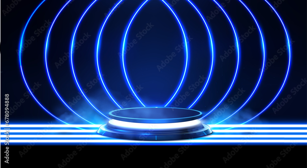 Poster a close-up of an empty black podium for a product demonstration in a dark scene with lines of neon l