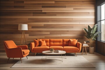 Beige lounge chair near orange loveseat sofa against wood and stone paneling wall. Mid-century style home interior design of modern living room