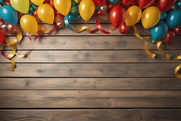 Wooden frame among colorful carnival or party balloons, streamers and confetti on rustic grunge wood planks with copy space