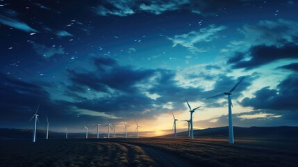 Wind turbines under night sky with milky way