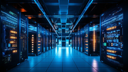 Futuristic Server Room, Data Center. Glowing lights. Technology concept.