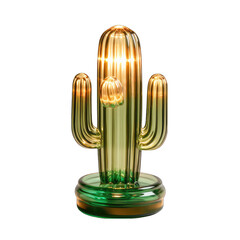 Single Cactus-Shaped Table Lamp with Green Light Isolated on Transparent or White Background, PNG