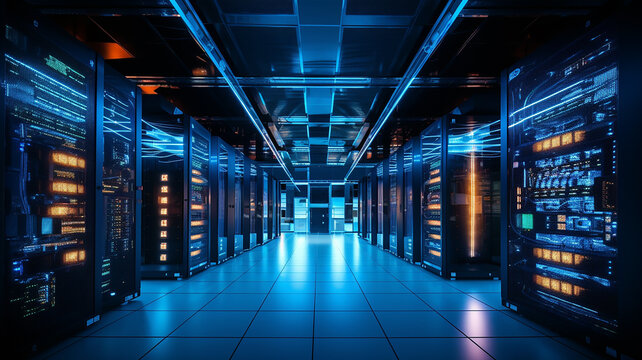 Futuristic Server Room, Data Center. Glowing lights. Technology concept. - Powered by Adobe