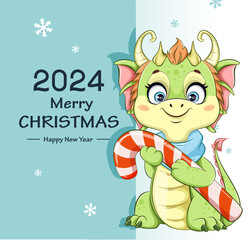 Cute little dragon with candy cane. - 678095445