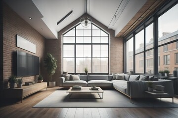 Obraz na płótnie Canvas Minimalist loft interior design of modern living room with big window