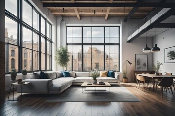 Obraz na płótnie Canvas Minimalist loft interior design of modern living room with big window