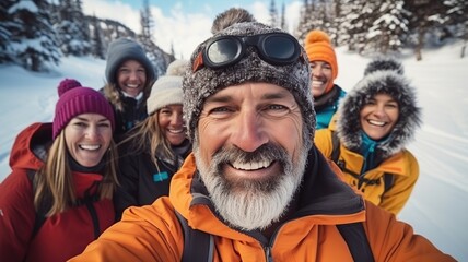 Selfie de grupo de amigos de mediana edad disfrutando y sonriendo. Deporte y aventura a los 50 años. - obrazy, fototapety, plakaty