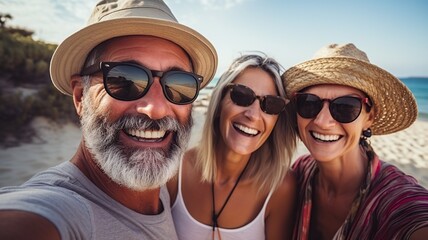 Selfie de grupo de amigos de mediana edad disfrutando y sonriendo. Disfrutando de unas vacaciones en la playa a los 50 años - obrazy, fototapety, plakaty