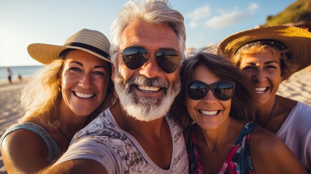 Selfie de grupo de amigos de mediana edad disfrutando y sonriendo. Disfrutando de unas vacaciones en la playa a los 50 a&ntilde;os