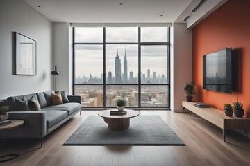 Fototapeta premium Minimalist apartment with city view. Interior design of modern living room 