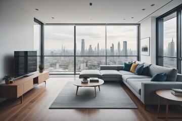Naklejka premium Minimalist apartment with city view. Interior design of modern living room 