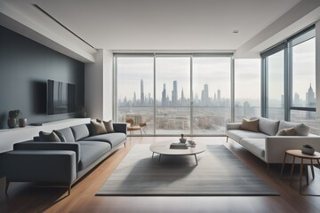 Minimalist apartment with city view. Interior design of modern living room  - obrazy, fototapety, plakaty