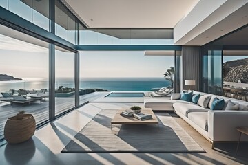 Fototapeta premium Luxury villa with terrace and floor to ceiling panoramic window with amazing sea view. Interior design of modern living room