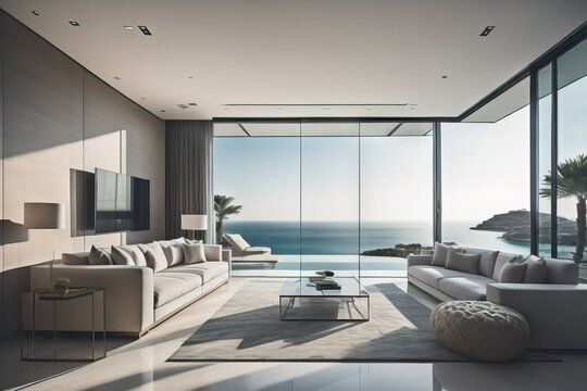 Luxury villa with terrace and floor to ceiling panoramic window with amazing sea view. Interior design of modern living room