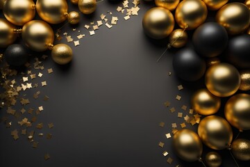 Black and golden balloons and confetti on dark background. Birthday, holiday or party background. Banner with empty space for text. Festive greeting card
