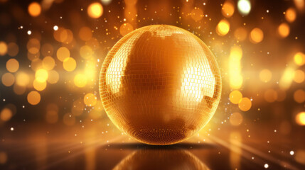 Shiny bright gold disco balls under color lights