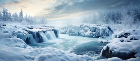 In the enchanting winter landscape of Scandinavia the river rapids in Sweden flow with icy waves where a nobody ventures amidst the glistening snow frost and frozen Nordic falls - obrazy, fototapety, plakaty