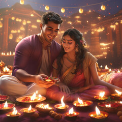 Young indian couple celebrating diwali festival together at home.