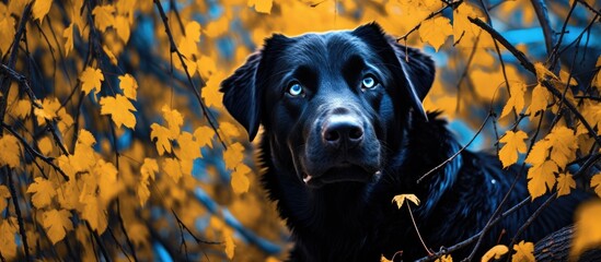 Obraz premium In the golden summer of autumn a black dog roams through the white forest embracing natures embrace with a happy smile on its face as the blue leaves paint a portrait of pure joy in the eyes