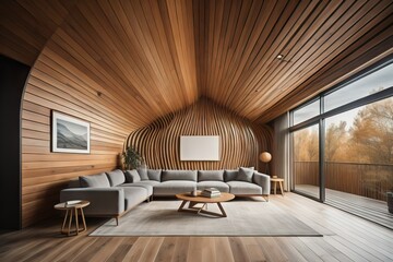 Fototapeta na wymiar Abstract wooden arched ceiling and wall with curved lines. Interior design of modern living room