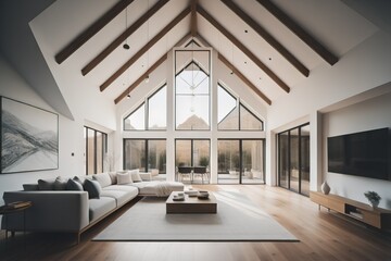 Vaulted cathedral ceiling in house. Interior design of modern living room  - obrazy, fototapety, plakaty