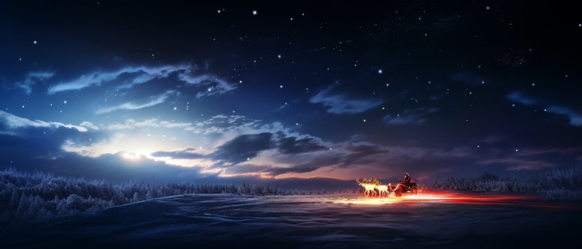 Santa Claus' sleigh with reindeer in a dark winter landscape. Clouds, Moon, night lights.
