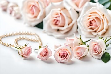 Fototapeta na wymiar Lovely pale pink roses and blurred white shell necklace on white background / Closeup