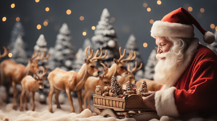 A photo of an minimalist Santa Claus with Sleigh and Reindeer Background with Copy Space, for social media,