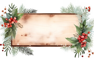 Obraz na płótnie Canvas Christmas wooden sign board with snow decor watercolor on white background