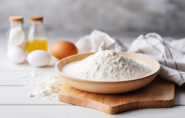 Fototapeta na wymiar Dough, eggs and flour cooking on white wooden plate on white wooden table soft light