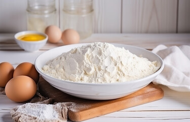 Dough, eggs and flour cooking on white wooden plate on white wooden table soft light