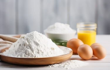 Fototapeta na wymiar Dough, eggs and flour cooking on white wooden plate on white wooden table soft light